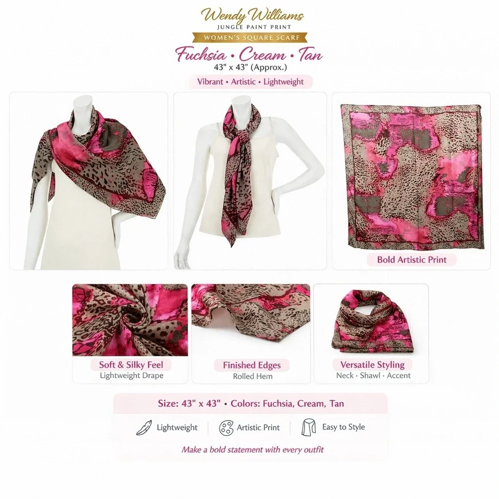 Wendy Williams Jungle Paint Print Square Scarf Fuchsia Tan Leopard 43x43‎ NEW